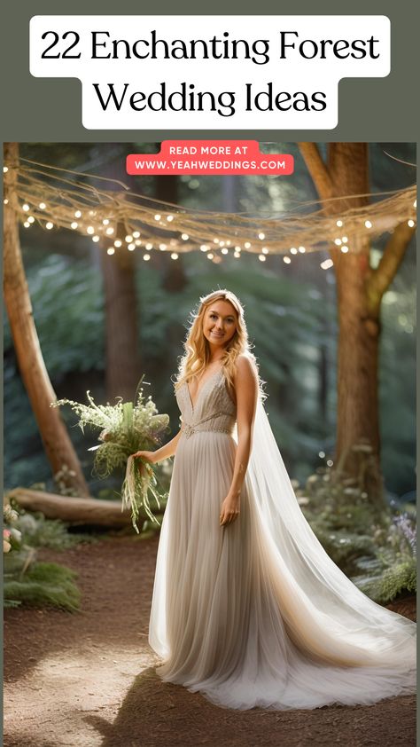 A stunning bride stands beneath a beautifully decorated wedding arbor, featuring rustic wooden arches adorned with flowers and elegant draped fabrics, creating a magical backdrop for the ceremony. Woodland Fairy Themed Wedding, Forest Inspired Wedding Dress, Rustic Forest Wedding Decor, Whimsical Garden Wedding Dress, Enchanted Forest Bridesmaids Dresses, Weddings In The Woods, Nature Wedding Theme, Fairy Forest Wedding, Small Forest Wedding