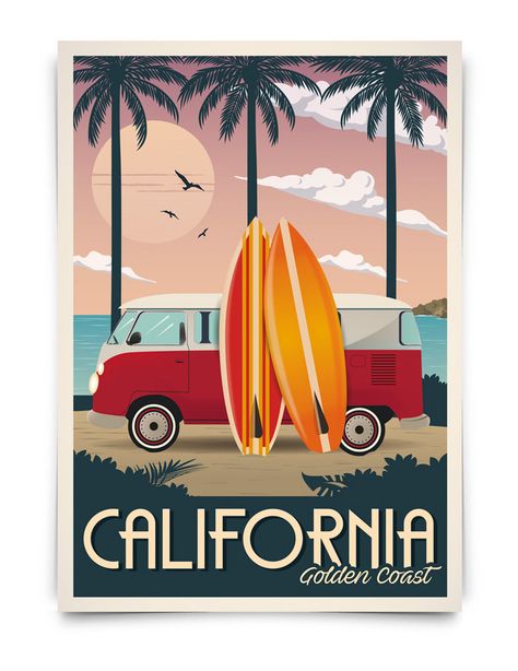 California vintage travel poster on Behance Affiches D'art Déco, Golden Coast, California Poster, Surf Poster, Tourism Poster, Ocean Surf, Retro Travel Poster, Beach Posters, Vintage Travel Poster