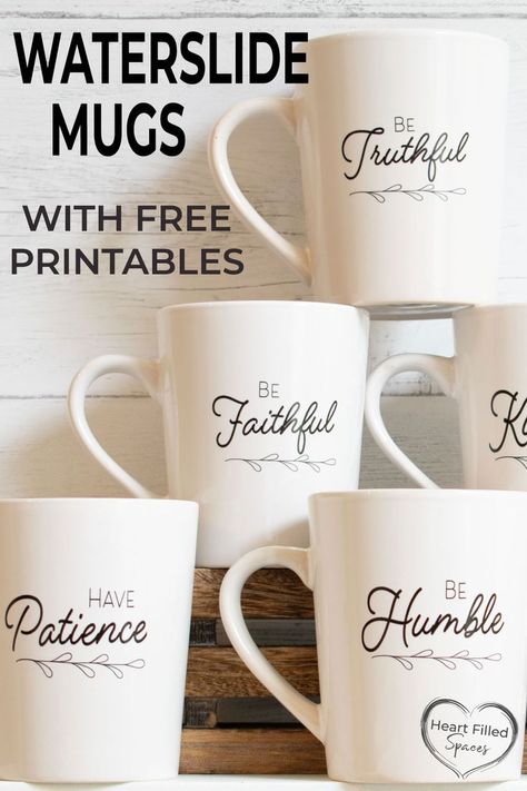 Use Water Slide Decal transfer paper to make these adorable DIY mugs. This inspirational cup set would make a beautiful wedding gift or coffee bar addition. Includes tutorial and free printable design. #waterslide #paper #decal #diymug #inspirational #scripture Fimo, Waterslide Decals Free Printables, Diy Mug Designs, Painted Coffee Cup, Cup Gift Set, Waterslide Decal Paper, Waterslide Paper, Coffee Cup Sleeves, Diy Mugs