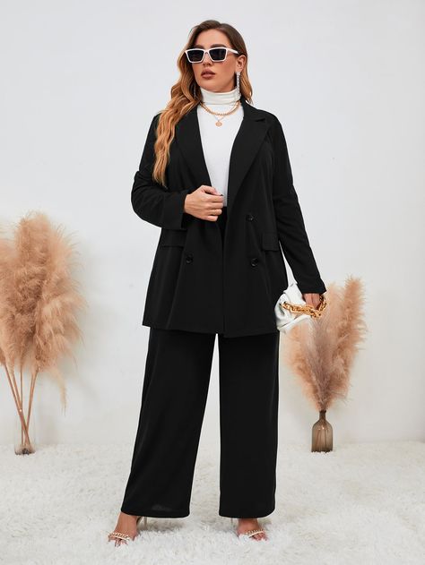 Black Elegant Collar Long Sleeve  Plain  Embellished Slight Stretch Spring/Fall Plus Size Suits Black Blazer Outfits For Women Plus Size, Plus Size Suits For Women Classy, Woman Suit Plus Size, Law School Outfit Plus Size, Women Suits Plus Size, Blazer Outfits Plus Size, Professional Outfits Women Plus Size Work Wear, Business Outfits Women Plus Size, Plus Size Chic Outfits Classy