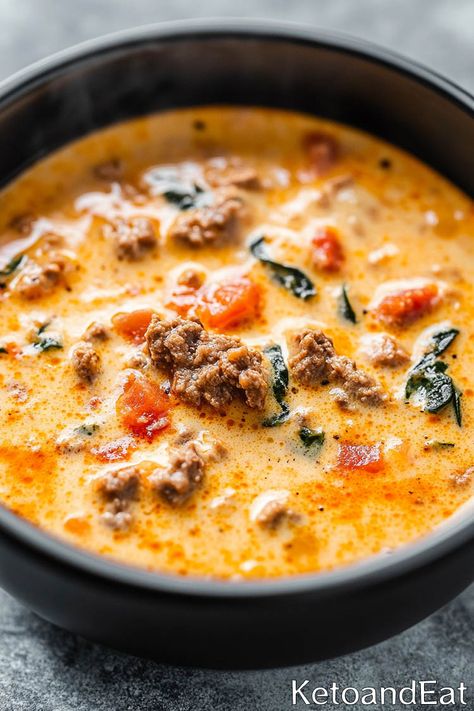 Keto Tuscan Soup - Easy Low Carb Soup Recipe Cheap Keto Soup Recipes, Keto Soup Sausage, Keto Beef Soup Low Carb, Low Carb Asparagus Soup, Keto Lasagna Soup Recipes, Keto Crockpot Soups Low Carb, Easy Keto Chicken Soup Recipes, Low Carb Tortellini Soup, Keto Slow Cooker Soups