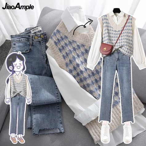 Denim Pants Outfit, Blouse Korean Style, Pieces Outfits, Sheer Swimsuit, Fashion Office, Ankle Length Jeans, Korean Casual, Pullover Shirt, 가을 패션