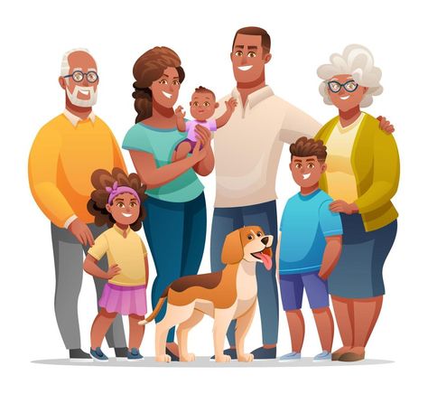 Portrait of big happy family with father, mother, grandfather, grandmother, children and a pet. Family character concept in cartoon style Family Portraits Illustration, Family Cartoon Illustration, Family Picture Cartoon, Extended Family Pictures, Big Happy Family, Kindergarten Decorations, Smile Drawing, Estilo Cartoon, Family Clipart