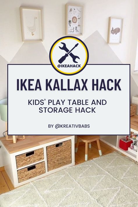 Kallax Toy Storage Ideas, Kallax Hack Kids, Kallax Toy Storage, Play Table With Storage, Playroom Desk, Kallax Kids Room, Kallax Hack, Ikea Kallax Hack, Kids Play Table