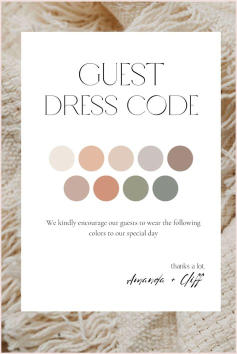 [Promotion] Editable In Canva Printable Guest Dress Code Card Template (57'). This Template Is ditable. You Can Edit Your Template Over And Over Again As Needed.Canva Is Very Easy To Use. If You Have Never Used Canva Before, Kindly Visit CanvaS Official Site. #beachweddingguestdress Wedding Attire Card, Dress Code Card, Party Color Palette, Party Dress Code, Party Dress Codes, Code Color, Beach Wedding Guest Dress, Dress Code Wedding, Card Party