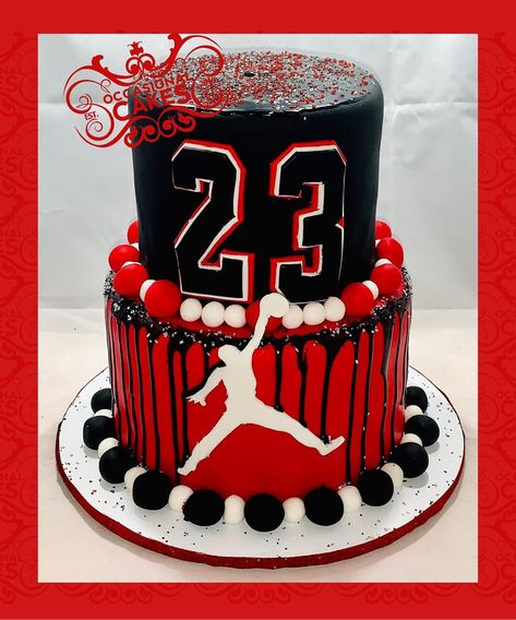 Sally T on Instagram: “#Jordan #michaeljordan #airjordan #birthdaycake #redandblack #dripcake #occasional_cakes #stl #stlouis #saintlouis #ballwinmo…” Air Jordan Cake Ideas, Shoe Cakes For Men, Jordan Year Birthday Cake, Jordan 23 Cake, Jordan Theme Cake, Jordan 23 Birthday Ideas, Sneaker Birthday Cake, Jordan Cake Ideas, 23 Jordan Year Birthday Ideas