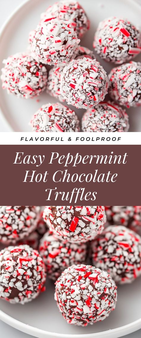 Image for Easy Peppermint Hot Chocolate Truffles Chocolate Peppermint Cake Pops, Peppermint Chocolate Truffles, Peppermint Truffles Recipe, Hot Cocoa Truffles, Peppermint Chocolate Desserts, Chocolate Peppermint Recipes, Hot Chocolate Truffles, Chocolate Peppermint Truffles, Truffle Dessert