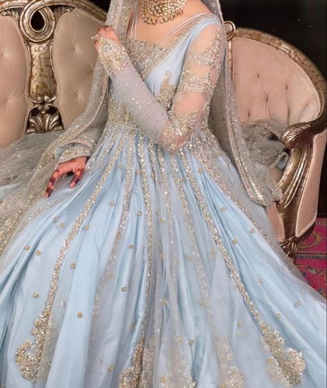 Blue Nikah Dress, Light Blue Walima Dress, Blue Nikkah, Fashion For Beginners, Pakistani Attire, Nikkah Bride Dress, Baat Pakki, Walima Dresses, Frock Suit