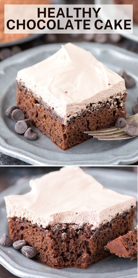 The BEST healthy chocolate fudge cake at 175 calories per piece! No granulated sugar, oil or butter - uses honey and greek yogurt. Plus there’s a healthier frosting recipe that’s only 2 ingredients. #healthycake #healthychocolatecake #healthydesserts #skinnychocolatecake Healthier Frosting, Healthy Birthday Cake Alternatives, Clean Eating Cake, Easy Healthy Cake, Healthy Chocolate Cake Recipe, Low Sugar Cakes, Healthy Chocolate Fudge, Healthy Frosting, Greek Yogurt Cake