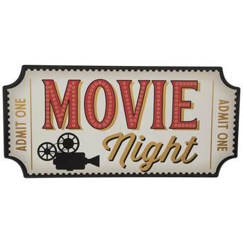 Dimensions: 9.44" H x 19.63" W x 0.36" D Material: MDF Shape: Irregular Color: Black, Beige, Red & Gold Orientation: Horizontal Includes: 2 - Sawtooth Hangers Quantity: 1 Make sure you have your ticket ready to see the new movie with this Movie Night Ticket Wood Wall Decor. This MDF piece is shaped like a ticket with a scalloped edge against a black background. On the front, it has the black silhouette of a vintage movie projector with the phrase "Movie Night" written next to it. "Movie" is writ Movie Night Sign Diy, Vintage Movie Ticket, Vintage Movie Theater Aesthetic, Movie Night Decor, Cinema Decoration, Movie Night Decorations Indoor, Movie Ticket, Movie Night Sign, Vintage Movie Night