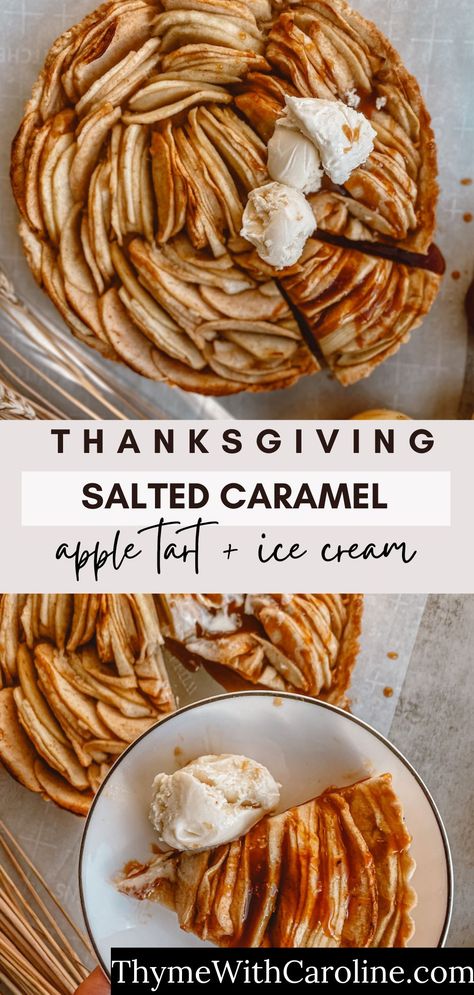 You might have heard of salted apple caramel apple pie, but why not a salted caramel apple tart? This sweet and tangy apple tart is baked in a buttery crust and topped with gooey, buttery caramel, flaky sea salt and vanilla ice cream. It’s the perfect Thanksgiving dessert! Caramel Apple Tart Recipe, Apple Tart Pie, Cardamom Apple Pie, Butterscotch Apple Pie, Apple Cinnamon Pie Recipe, Salted Caramel Apple Tart, Thanksgiving Tarts Desserts, Apple Pie With Puff Pastry Crust, Apple Mini Tarts