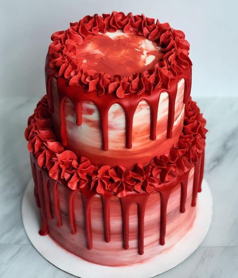 Red Cake Two Tier, Red Cake 2 Tier, Two Layer Cake Designs Birthday Parties, Double Tier Cake Birthday, Double Layer Cake Designs Birthday, Red Cake Designs Birthday For Men, Double Tier Cake Design, Red Birthday Cake Aesthetic, Double Cake Design