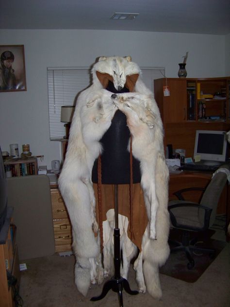 a wolf cape I made from 3 white wolf skins Wolf Pelt, Oc Clothes, Red Ridding Hood, Royal Clothes, Random Aesthetic, White Wolf, Black Wolf, A Wolf, Oc Ideas