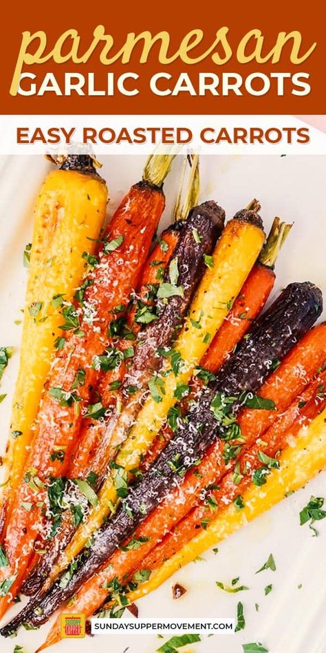 Parmesan Carrots Roasted, Seasoned Carrots, Parmesan Roasted Carrots, Rainbow Carrot Recipes, Roasted Whole Carrots, Parmesan Carrots, Easter Side Dish, Carrot Recipes Side Dishes, Carrots Side Dish