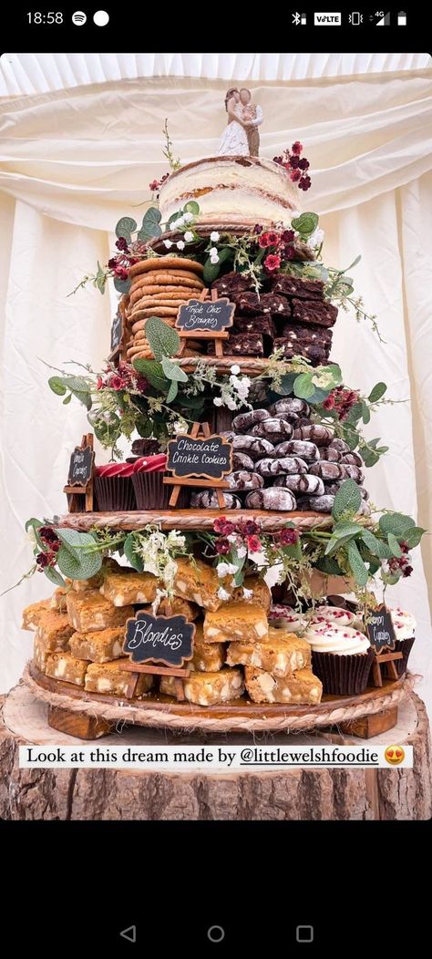 Cupcakes And Cookies Display, Wedding Cake With Brownies, Wedding Cake Thats Not Cake, Cake Stand Display Ideas, Wedding Dessert Tiered Tray, Wedding Cake And Brownies, Chill Wedding Aesthetic, Brownies At Wedding, Brownie Wedding Cake Tower