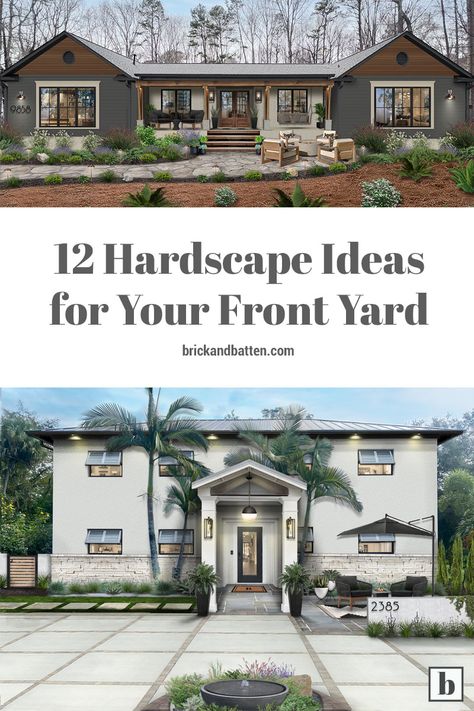 Front House Seating Area, Front Yard With Seating Area, Front Yard Wall Ideas, Front Yard Seating Area Ideas, Front Yard Seating Area, Ranch Home Landscaping, Ranch House Landscaping, Long Front Porch, Landscaping Elements