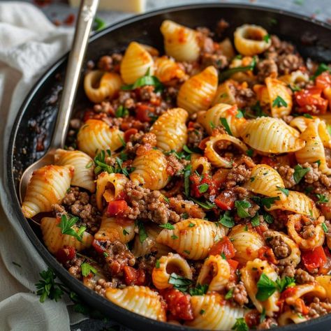 Simple Ground Beef Shells Skillet | Ground Beef Shell Pasta, Shell Pasta With Ground Beef, Chop Meat Meals Ground Beef, Ground Beef Recipe Healthy, Ground Beef Shells, Ground Beef Spaghetti Recipes, Pasta And Ground Beef Recipes, Pasta Shells With Ground Beef, Beef Shells