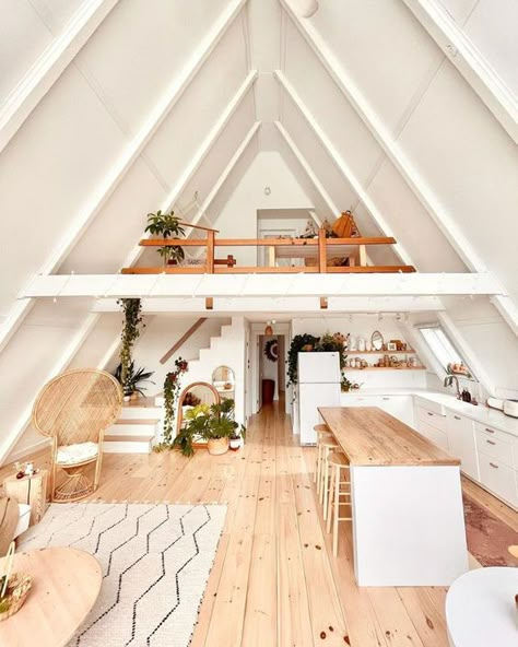 15 A-Frame House Interior Ideas to Inspire You A Frame Art Studio, A Frame Cabin Loft, A Frame Interior Design, Aframe Cabins, A Frame Kitchen, A Frame House Interior, A Frame Interior, A-frame Interior, Muskoka Cottage