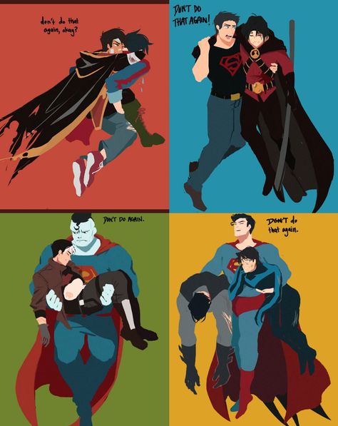 Bat Family And Super Family, Batman And Superman Friendship, Nightwing And Superboy, Batfamily And Superfamily, Super Sons Fanart, Batman And Robin Fanart, Superman X Batman Comic, Bat Family Comics, Batman And Superman Ship