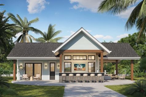 Single-Story 1-Bedroom Pool House with 16'-wide Garage Door Opening to the Rec Room (House Plan) Pool House Plans Guest Suite, Farmhouse Pool House, Pool House Floor Plans, Garage Pool House, Pool Guest House, Glass Garage, Guest House Plans, Living Pool, Pool House Designs