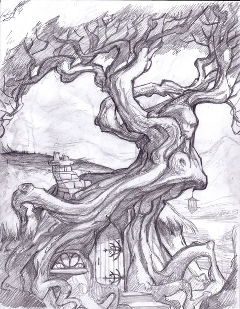 Fantasy Tree Drawing, Fantasy Treehouse, Drawings In Pencil, Fantasy Tree, Trippy Drawings, Tree Drawing, Pencil Drawing, A Tree, Tree House