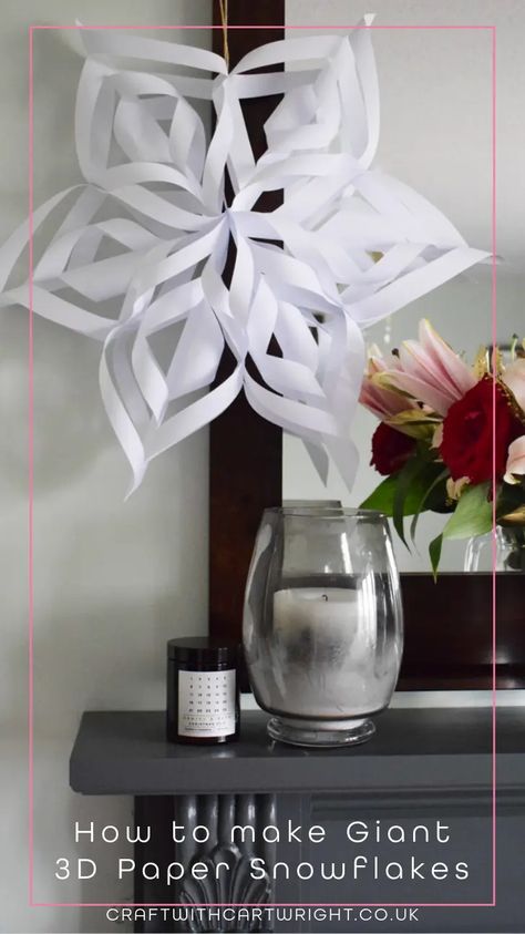 How to make Giant 3D Paper Snowflakes - Craft with Cartwright White Paper Stars Christmas, 3d Snow Flakes Diy, Easy Winter Party Decorations, How To Make Paper Xmas Decorations, 3-d Paper Snowflakes Diy, Paper Bag Snowflakes Pattern, Christmas Decoration Kids Craft, Paper Snowflakes Diy 3d, Giant 3d Snowflakes Diy