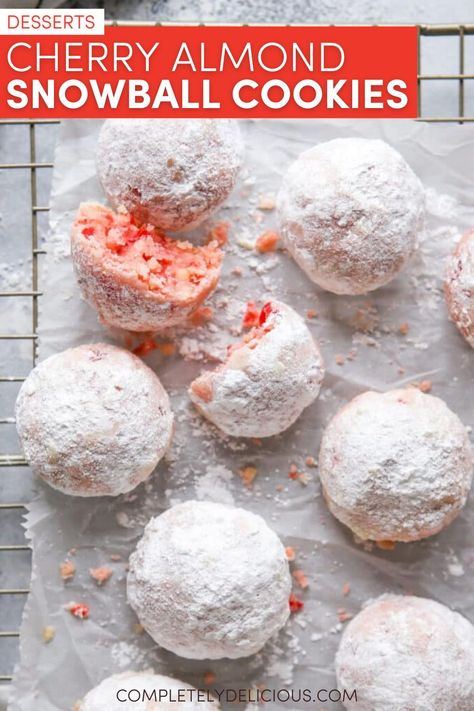 Cherry almond snowball cookies are soft and flavorful with a buttery melt-in-your-mouth texture. These powdered sugar-dusted cookies are filled with candied cherries and almonds for a twist on the classic! | snowball cookies recipe | snowball cookies recipe christmas | how to make snowball cookies | best christmas snowball cookies | snowball cookies with cherry | snowball cookies with almonds | cherry almond cookies | cherry almond snowballs | best christmas cookie recipe | christmas desserts Cherry Almond Snowball Cookies, Cranberry Snowballs, Cherry Snowballs, Cherry Snowball Cookies, Walnut Snowball Cookies, Snowballs Cookies, Snowball Recipe, Almond Snowball Cookies, Classic Snowball Cookies