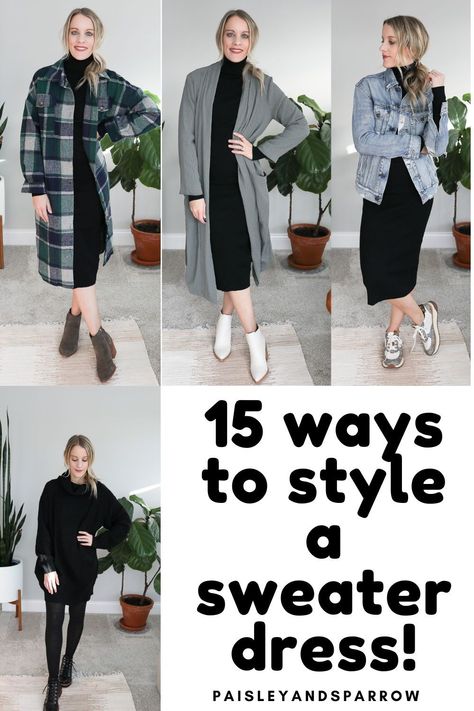 How To Style A Long Dress In Winter, What To Wear Over A Sweater Dress, Sweater On Dress Outfit, Sweater Over Black Dress, Sweater Over Black Dress Outfit, Dress And Sweater Outfit Spring, Sweaters Dress, How To Wear A Sweater With A Dress, Wear Sweater Over Dress