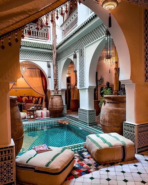 Riad Courtyard, Marrakech Interior, Riad Morocco, Interior Terrace, Marrakech Riad, Pool Terrace, Riad Marrakech, Moroccan Homes, Moroccan Interiors