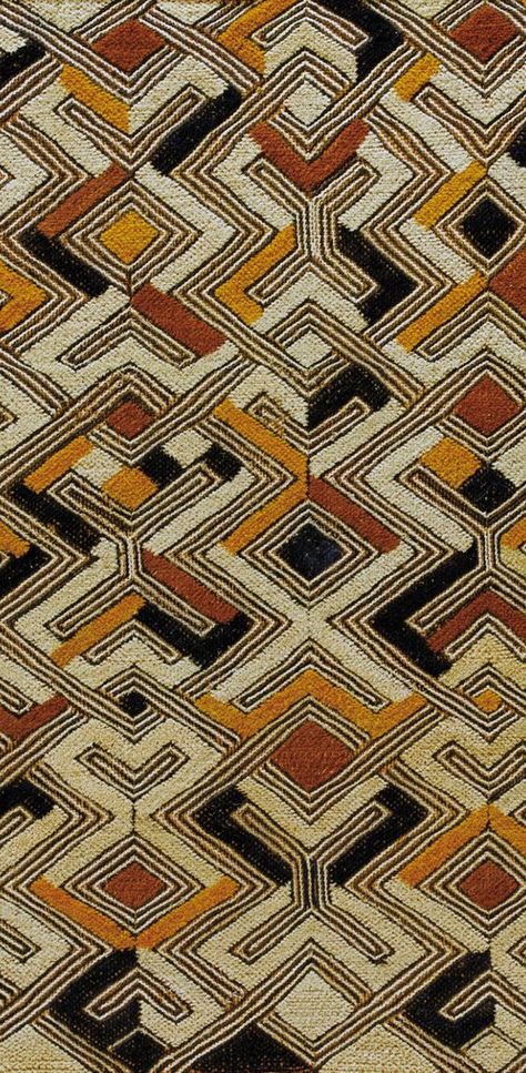 Residential, Soft good: Africa | Detail from an 'nbol' from the Shoowa Kuba people of DR Congo | Raffia, embroidered with black yellow and ochre colours. Afrique Art, Kuba Cloth, Afrikaanse Kunst, African Textile, Dr Congo, Art Premier, Colors And Patterns, Textile Texture, African Textiles