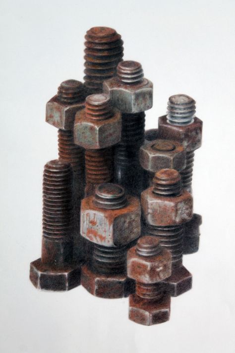 rusty-nuts-and-bolts-3 Pen Exercises, Falls Aesthetic, Coloured Pencil Drawings, Fallout Rpg, Metal Drawing, Spring Drawing, City Life Photography, Nut Bolt, Geometric Pattern Art