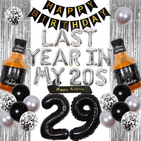 PRICES MAY VARY. 29th Birthday Decorations: Package includes 15*12 inches latex balloons, 1*16 inches Last Year in My 20s foil balloons, 1*40 inches number 29 foil balloons, 1 whiskey bottle foil balloon, 1 HAPPY BIRTHDAY banner, 1 happy birthday sash and 1 tinsel curtain. Cheers to 29 Years Decorations: This 29th birthday party decorations matched with the whiskey balloon and 29th birthday themed balloons is specially designed to help you add more atmosphere to the important birthday party for 29 Years Old Birthday, 29 Birthday Ideas For Her, 29th Birthday Decorations, Balloons Happy Birthday, 30th Birthday Party Decorations, Birthday Decorations For Men, In My 20s, Happy Birthday Husband, Birthday Sash