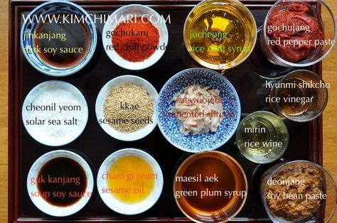 Korean seasonings - list of essentials with labels Seasoning List, Korean Seasoning, Gluten Free Meal Prep, Easy Korean Recipes, Pantry List, Korean Grocery, Korean Kitchen, Bbq Side Dishes, Bbq Side