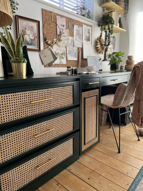 Malm Chest of Drawers Ikea Hack: Creating a Stylish Office Space - Melanie Jade Design Office Chest Of Drawers, Rattan Drawers Diy, Ikea Malm Chest Of Drawers Hack, Malm Hacks Ikea, Upcycle Ikea Drawers, Upcycled Ikea Drawers, Rattan Chest Of Drawers, Ikea Drawers Hack, Malm Chest Of Drawers Hack