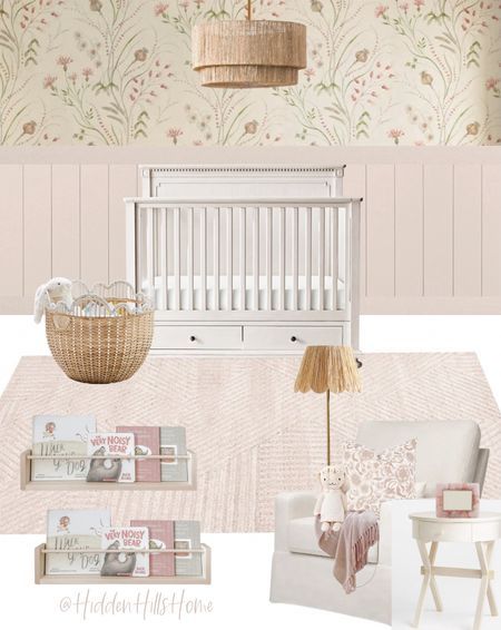 Blush Pink Wallpaper Nursery, White Board And Batten Nursery, Mauve Pink Accent Wall Nursery, Powder Pink Nursery, Serena And Lily Priano Wallpaper Pink, Pink Board And Batten With Wallpaper, Floral Wallpaper With Board And Batten, Baby Girl Nursery Blush Pink, Pink Whimsical Nursery