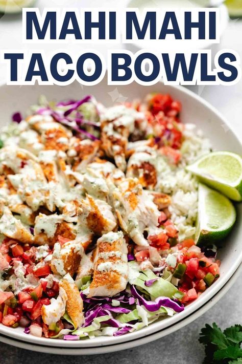 mahi mahi fish taco bowl in a white dish. Fish Taco Salad, Mahi Mahi Fish Tacos, Mahi Mahi Fish, Mahi Mahi Tacos, Mahi Mahi Recipes, Mahi Fish, Slow Cooker Creamy Chicken, Fish Taco, Fish Tacos Recipe