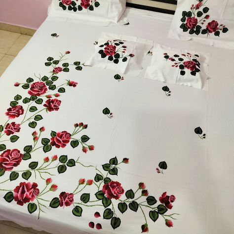 Hand painted bed sheet Set with two pillow cover and two cushion cover king size white colour cotton fabric To place the order contact 7710863253 Cash on delivery not available Delivery only in india Bedsheet Painting, Handmade Bed Sheets, Bed Sheet Painting Design, Bedroom Set Designs, Pant Pattern, Handmade Greeting Card Designs, Tropical Flower Arrangements, Embroidered Duvet Cover, Designer Bed Sheets