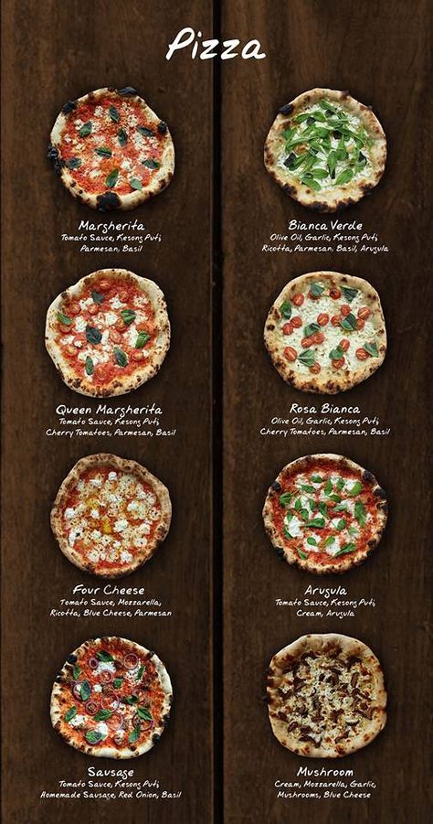 Pizza Menu Design, Pizza Variety, Oven Baked Pizza, Pizzeria Design, Pizza Oven Recipes, Resep Pizza, Brick Oven Pizza, Types Of Pizza, Pizza Fatta In Casa