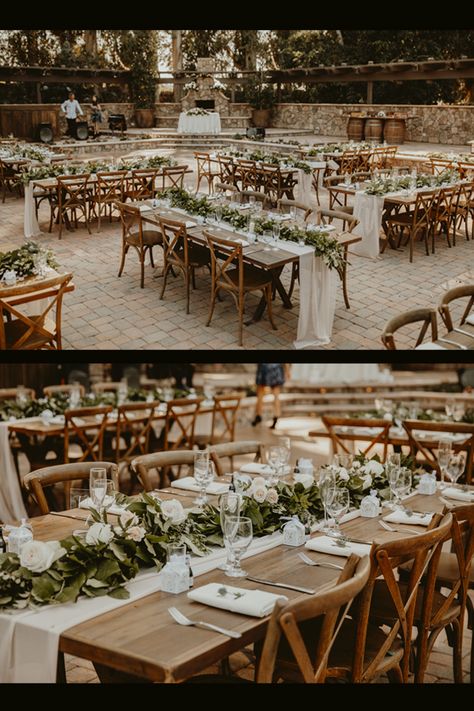 A collage containing two photos of table details, a wide and a closer shot. The tables are brown and  rectangular with cream cloth table runners and green, pink and white flowers running the length of the tables. Rustic And Green Wedding, Sage Green And Wood Wedding Theme, Sage Green White Brown Wedding, Weddings With Greenery, Wedding Green And Champagne, Green White Gold Wood Wedding, Natural Sage Green Wedding, Wedding With Green Accents, Country Sage Green Wedding