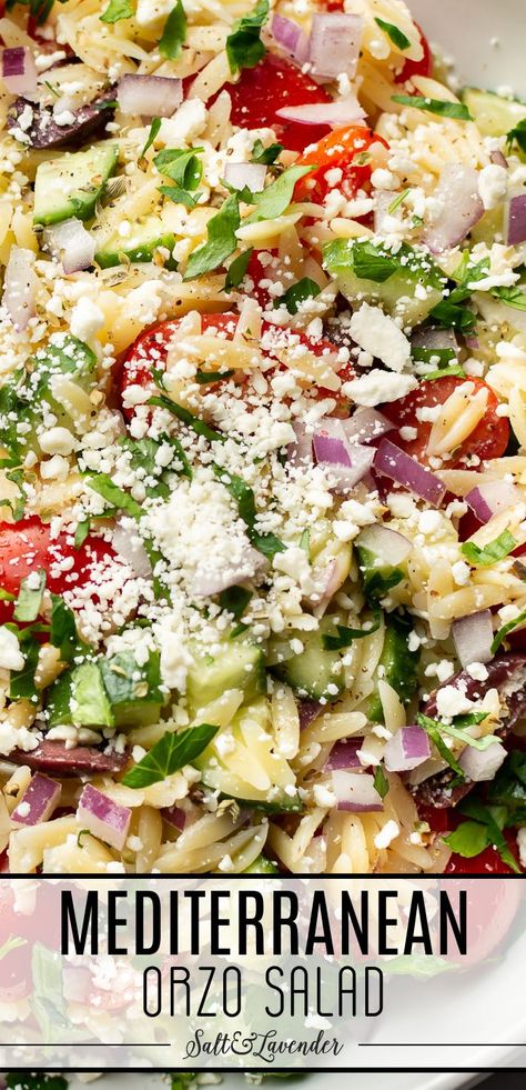 a bowl of salad with text overlay that reads mediterranean orzo salad Orzo Recipes Side, Mediterranean Orzo Salad, Orzo Pasta Recipes, Mediterranean Orzo, Easy Mediterranean Diet, Mediterranean Diet Recipes Dinners, Orzo Salad Recipes, Best Salad, Orzo Pasta Salad