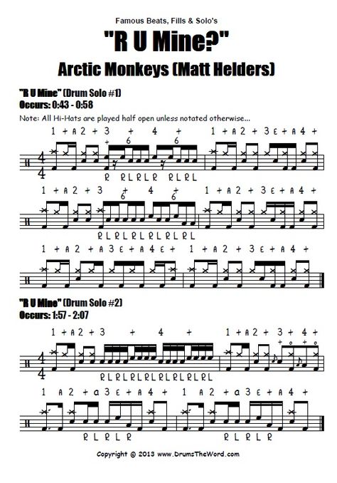 In this free drum lesson, I want to teach you the song “R U Mine” by Arctic Monkeys featuring Matt Helders on drums. You can download all of the drum sheet music notation AND watch a video drum lesson for free from my website by clicking the link above. Drums Music, Drum Songs, Drums Notes, Drums Songs, Easy Drum Songs, Drums Sheet Music, Drum Notes Beginner, Drum Sheet Music Beginner, Drumming Sheet Music