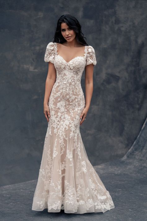 Statuesque in silhouette, this fit and flare appliqued lace gown features detachable sleeves #weddinggownwithsleeves #capsleeveweddinggown #fitandflareweddinggown #laceweddinggown @kleinfeld #sayyestothedress Unique Wedding Gowns, Allure Couture, Couture Wedding Dresses, Sleeved Wedding, Lace Wedding Gown, Classy Wedding Dress, Allure Bridals, Detachable Sleeves, Pastel Dress