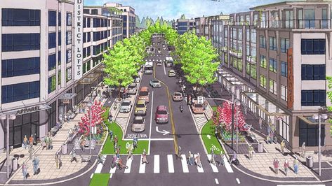 Possible design for Spokane's extra wide 4 lane one way streets. Convert to 3 lane two way streets with bike lanes! Walkable Cities, Street Illustration, City Concept, Redmond Washington, Urban Ideas, Streetscape Design, Walkable City, Urban Design Diagram, New Urbanism