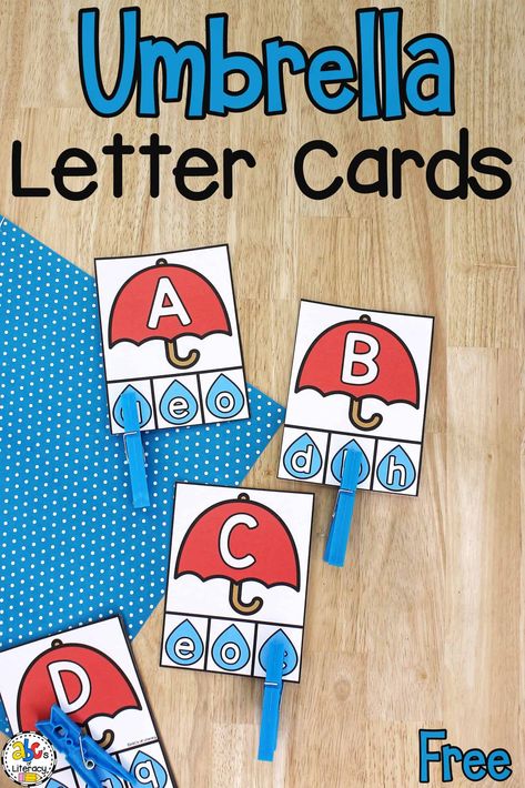 Free printable Umbrella Alphabet Clip Cards for preschool: Work on letter recognition, matching letters, fine motor skills, and more! Letter U Umbrella Craft Preschool, Spring Alphabet Activities For Preschool, Spring Abc Activities Preschool, Spring Letter Activities For Preschool, Letter Review Activities, Spring Literacy Activities, Kindergarten Weather, Rain Cycle, Weather Preschool