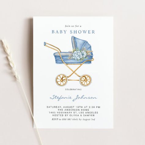 Vintage Blue Baby Shower Ideas, Classy Boy Baby Shower Ideas, Vintage Boy Baby Shower Ideas, Vintage Baby Boy Shower Ideas, Blue And White Baby Shower Ideas, Boy Baby Sprinkle, Vintage Baby Shower Boy, Vintage Stroller, Baby Boy Invitations