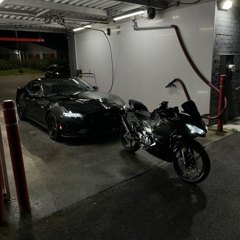 car + bike duo 🥰 . . . #explore #cars #mustangs650 #motorcycle #kawasaki #ninja400 Sportbike Motorcycles, Motor Aesthetic, Motorcycle Ninja, Bike And Car, Motorcycle And Car, Motorcycle Kawasaki, Car And Bike, Motorcycle Guy, Motocross Love