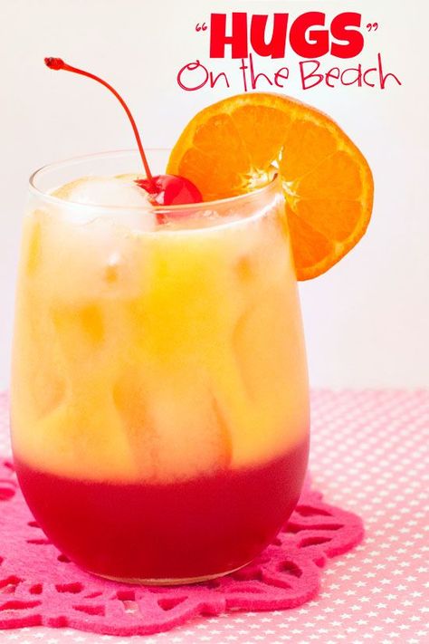 Hugs on the Beach ...  Layer cranberry juice, grenadine, and peach nectar in a glass, give it a stir and add a generous scoop of ice!  via http://heatherlikesfood.com Virgin Drinks, Layered Drinks, Peach Nectar, Food Club, Jello Shots, Alcohol Drink Recipes, Cranberry Juice, Smoothie Drinks, Adult Drinks