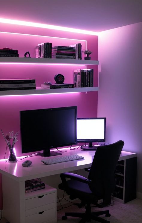 Create a dreamy gaming setup by incorporating LED lights in your bedroom. Line the perimeter of your desk or shelves with LED strips to add a vibrant and futuristic touch to your gaming space. Pair it with modern and sleek furniture pieces to complete the aesthetic. Led Aesthetic, Futuristic Bedroom, Aesthetic Lighting, Gaming Space, Led Lighting Bedroom, Bedroom Ideas Aesthetic, Desktop Setup, Sleek Furniture, Led Light Strips