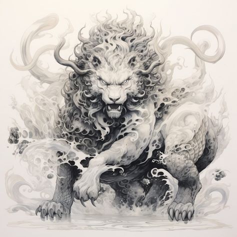 Chinese Lion Dog Tattoo, Chinese Lion Tattoo Design, Dragon Lion Tattoo, Vietnamese Lion Tattoo, Foo Dog Tattoo Design Back, Chinese Lion Art, Asian Lion Tattoo, Foo Dogs Tattoo, Japanese Lion Tattoo Design