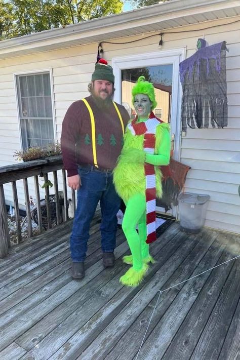 Couple with the woman dressed up as the Grinch (pregnant) Maternity Halloween Costume, Grinch Costume, Maternity Halloween, Grinch Costumes, Full Bodysuit, Suit Clothing, Pregnancy Costumes, Pregnant Halloween Costumes, Green Bodysuit